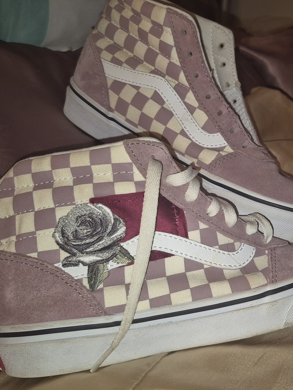 Vans Checkerboard High-Top Sneakers with Rose Embroidery - Pink/Cream